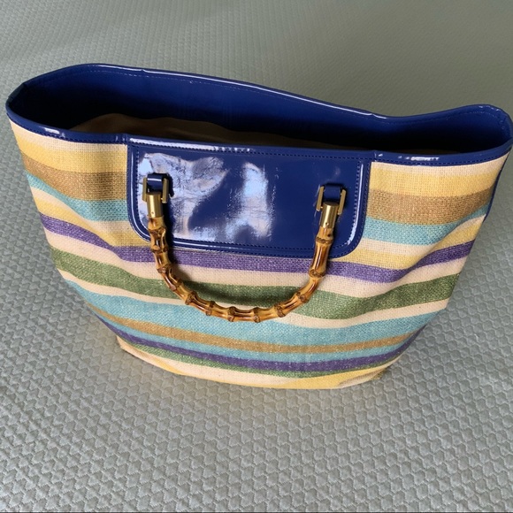 Talbots Woven/Striped tote bag w/bamboo handles - Picture 3 of 11